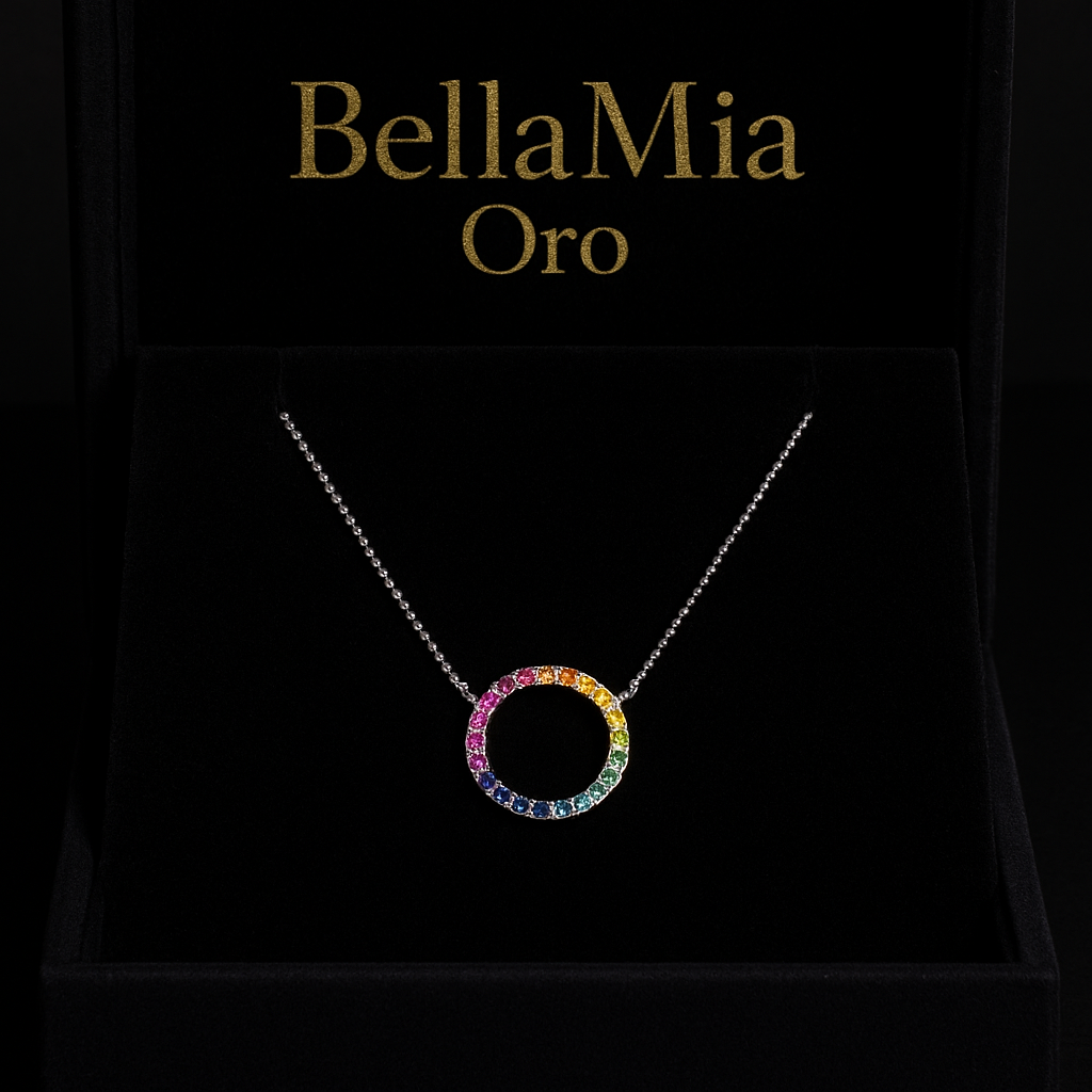 Cadena en oro 18k blanco con dije redondo en oro 18k blanco con engaste en uñas de piedras preciosas y semipreciosas corte brillante (22 piedras)