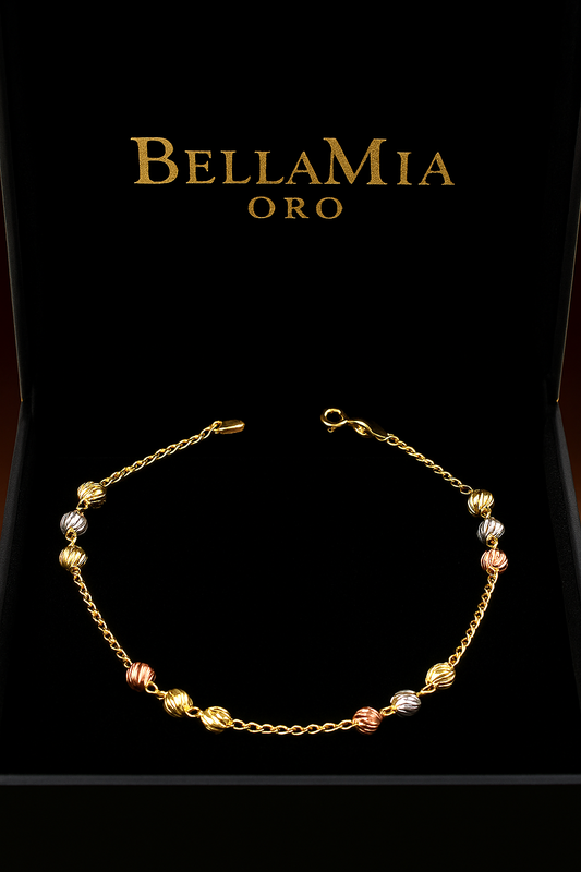 Pulso Espiga Militar 2.55gr / 18cm / 3mm-4mm Bolas Lisas - Diamantadas Tres Oros 18K ^