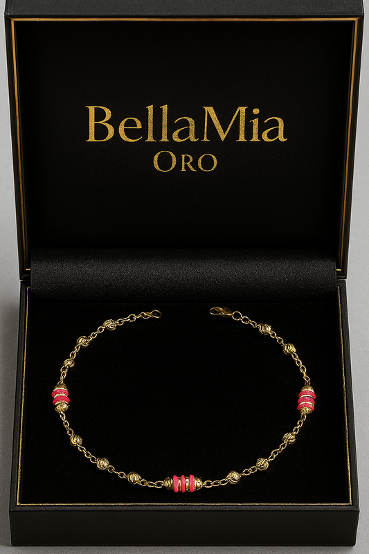 Pulso Espiga Tipo Militar 2.8gr / 18cm / 3mm Bolas Diamantadas Cauchos Fucsia Rosado Oro Amarillo 18K *