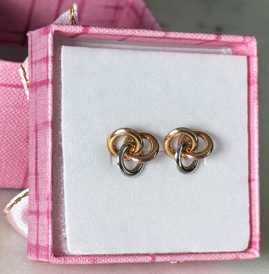 Aretes Trio Aros Oro Amarillo-Rosado-Blaco 18k / 1.22 gr / 1 cm