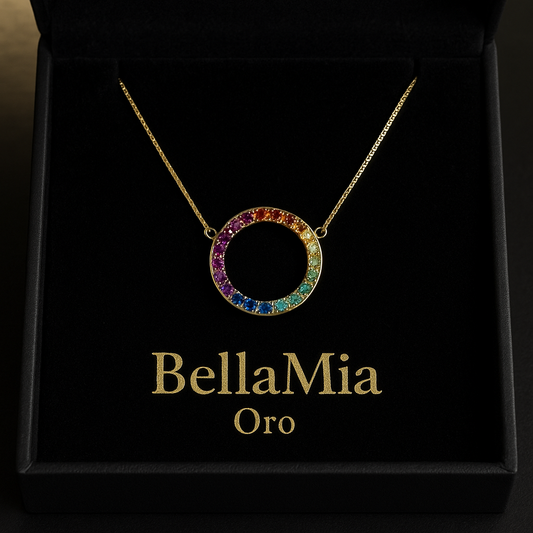 Cadena en oro 18k amarillo con dije redondo oro 18k amarillo con engaste en uñas de piedras preciosas y semipreciosas corte brillante (22 piedras)