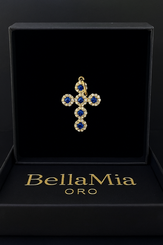 Dije Cruz Tupida Circon Azul 1.45 gr / 2.3cm / Oro Amarillo 18K